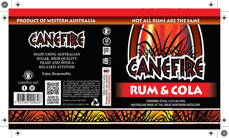 Canefire R2D Rum & Cola 375ml can label artwork — flame-lit sugarcane silhouette with the Canefire logotype