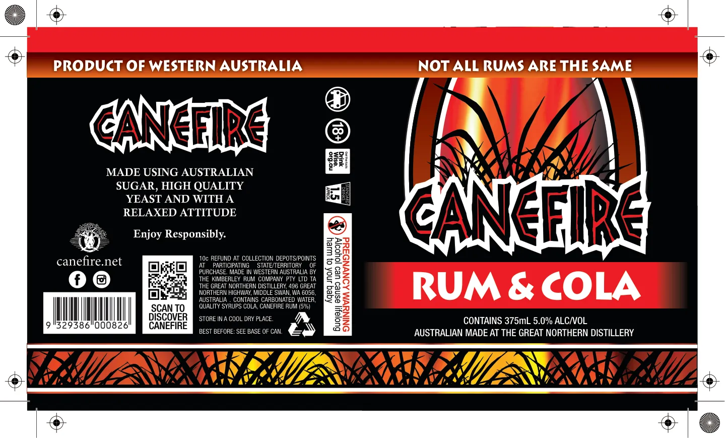 Canefire R2D Rum & Cola 375ml can label artwork — flame-lit sugarcane silhouette with the Canefire logotype