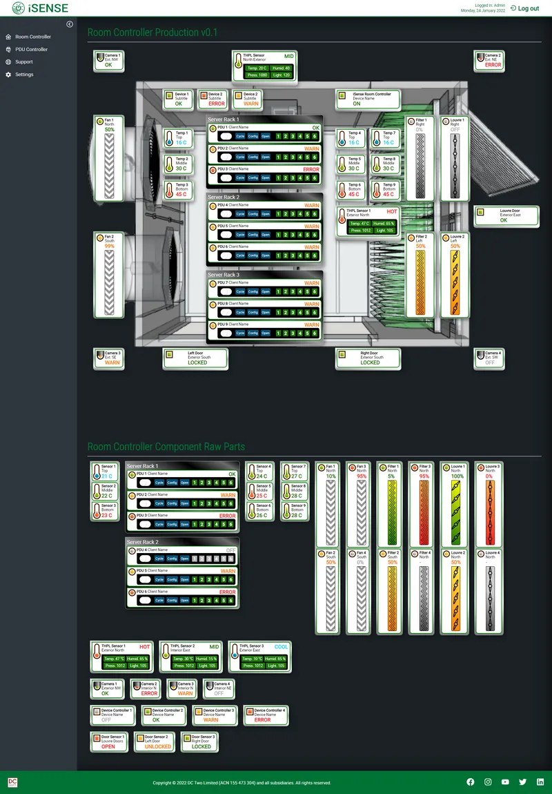 iSense pod dashboard room view: 3D data centre pod with sensor, fan, PDU and rack status overlays