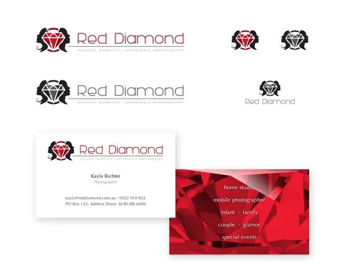 Red Diamond Photography brand sheet: the faceted-diamond mark, variants and a business card