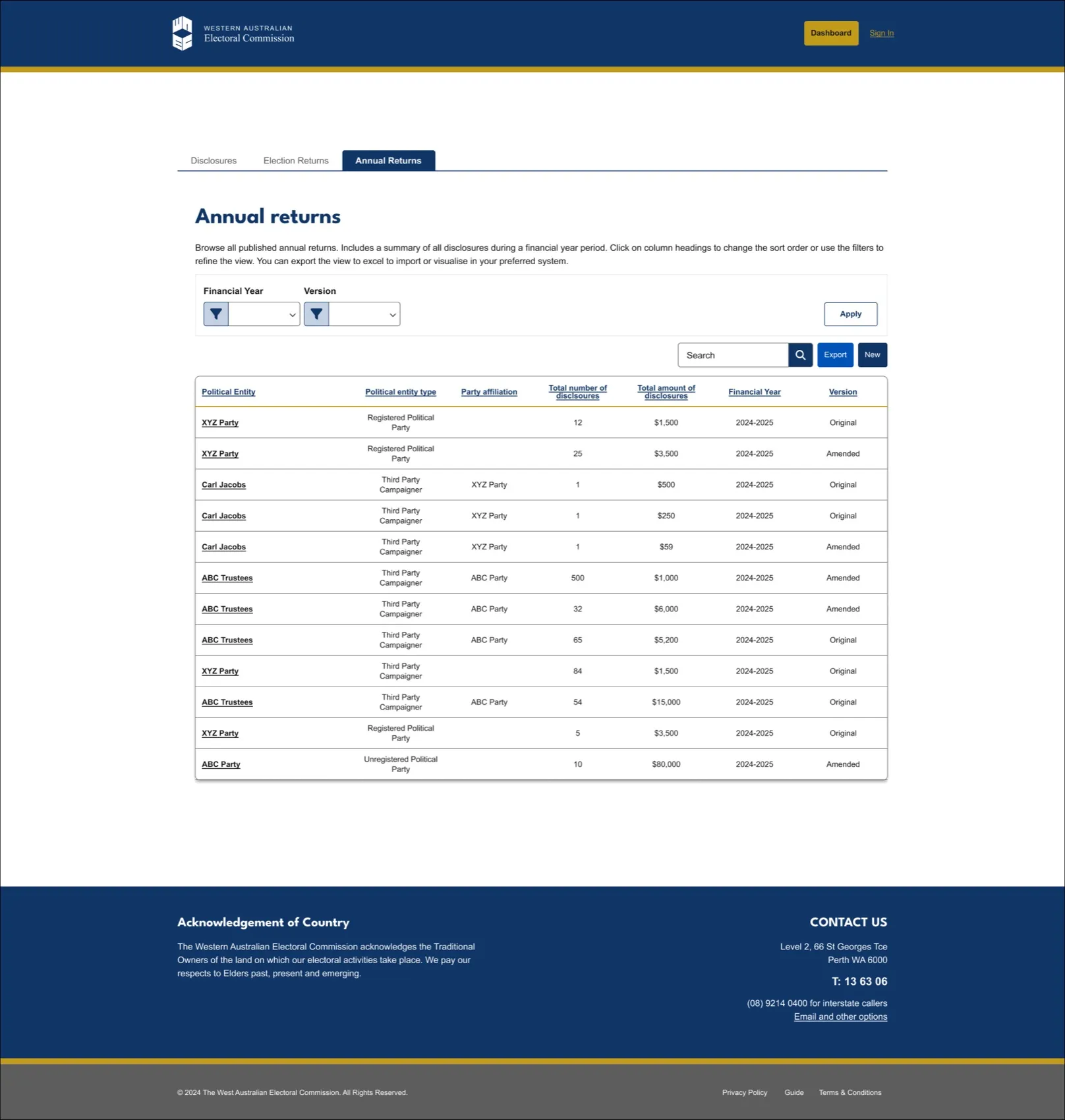 WAEC Online Disclosure System: the public Annual Returns view of the live system