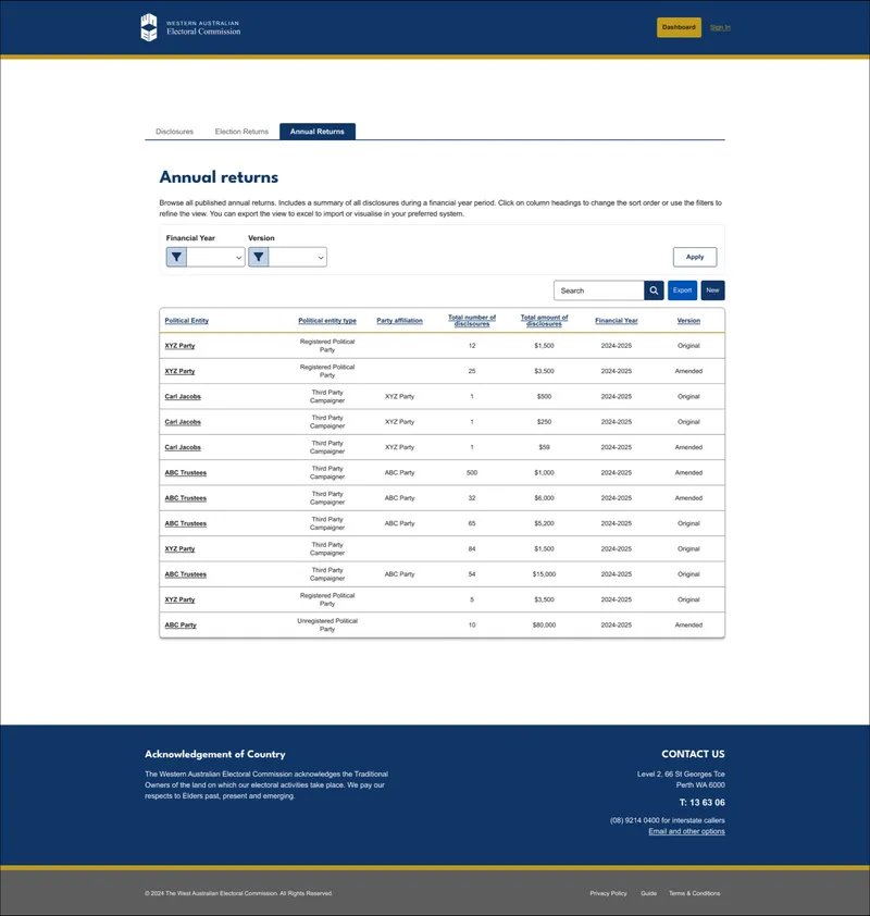 WAEC Online Disclosure System: the public Annual Returns view of the live system