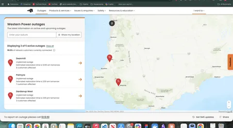 Western Power outages map showing active outages across Western Australia with ArcGIS integration