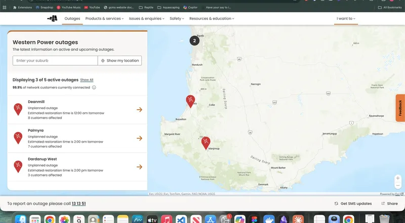 Western Power outages map showing active outages across Western Australia with ArcGIS integration