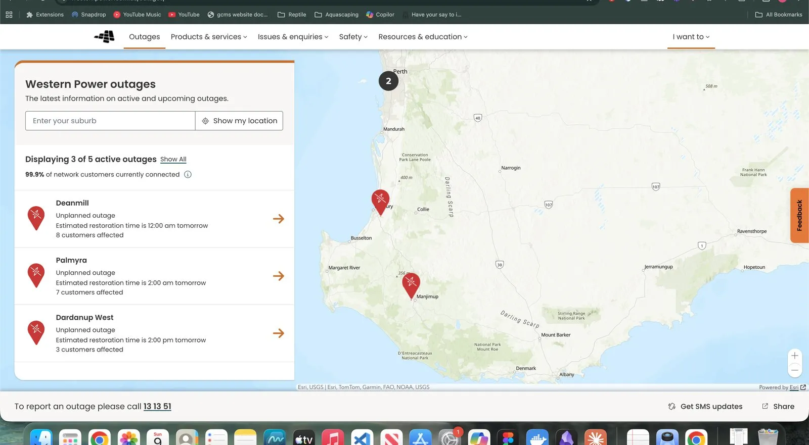 Western Power outages map showing active outages across Western Australia with ArcGIS integration