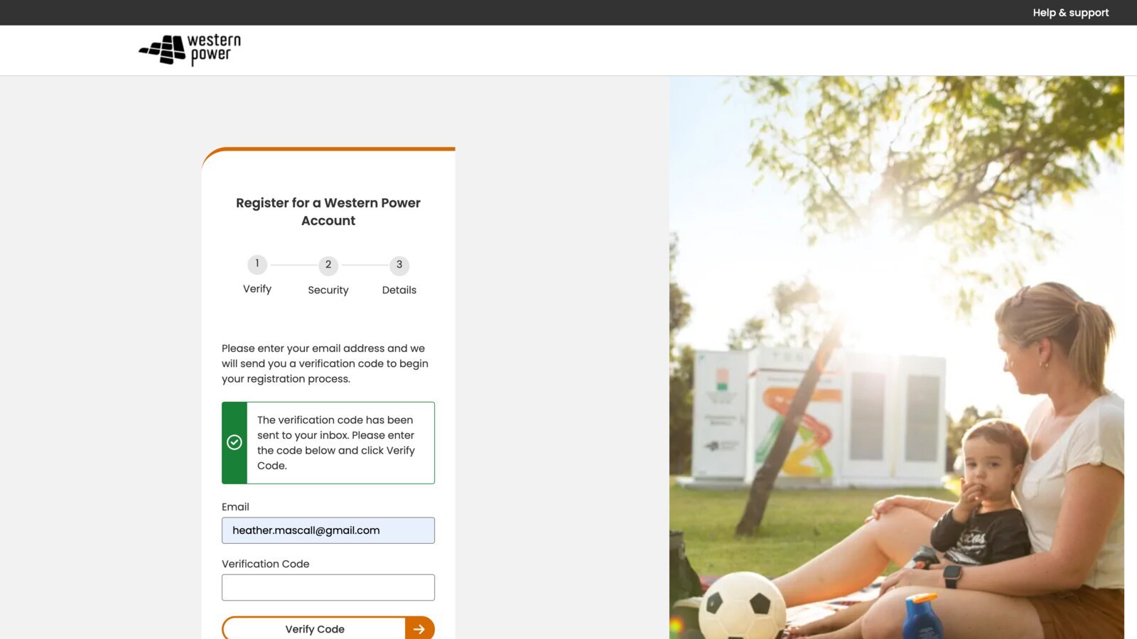 MyWP registration step 2: verification code entry