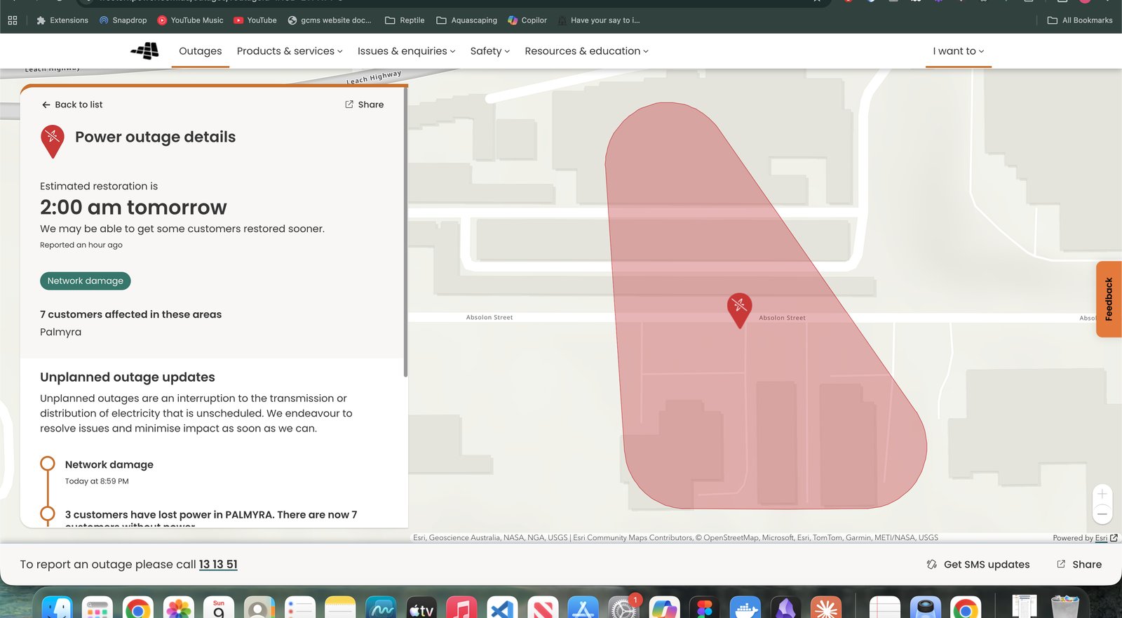 Outages map: active outage detail with affected area overlay