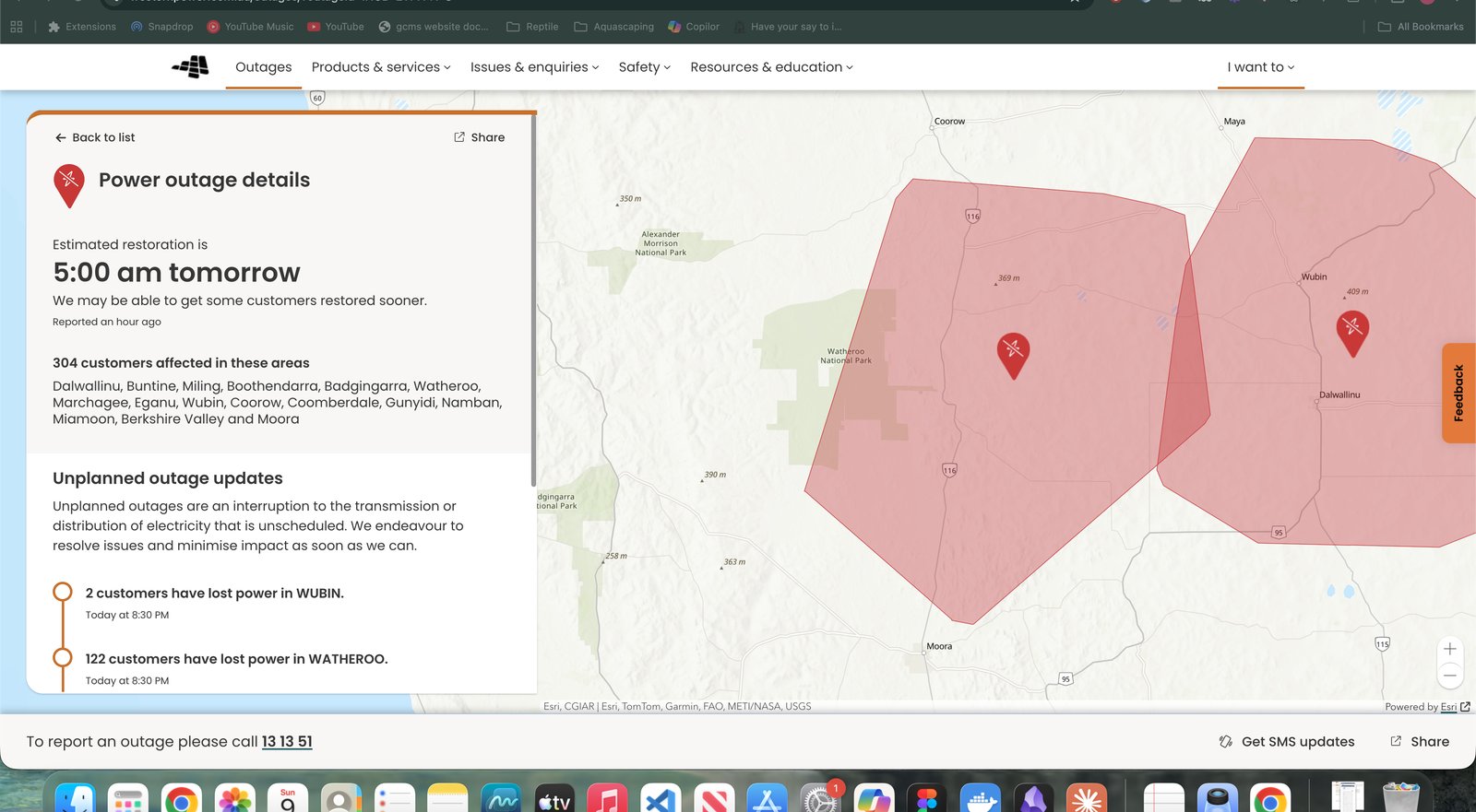 Outages map: regional outage affecting 304 customers across multiple towns